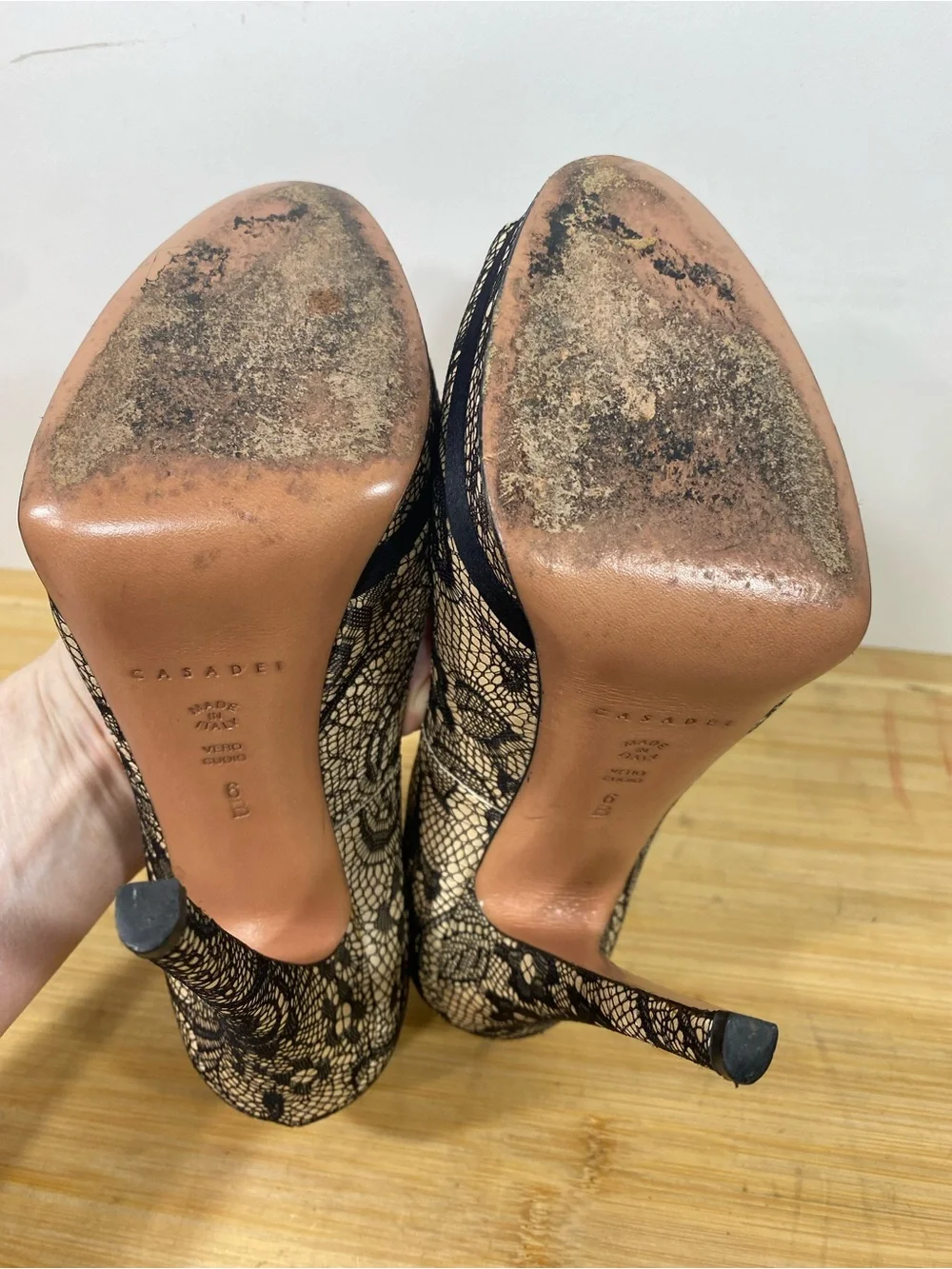 Casadei 6 B Black Lace Peep-Toe Platform Pumps high heels Italy 145mm stiletto